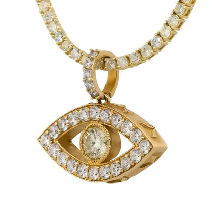 14k Yellow Gold 1.66ctw Evil Eye Diamond Charm Pendant on a 14k Yellow Gold 8.62 ctw Diamond 22" Tennis Chain Necklace