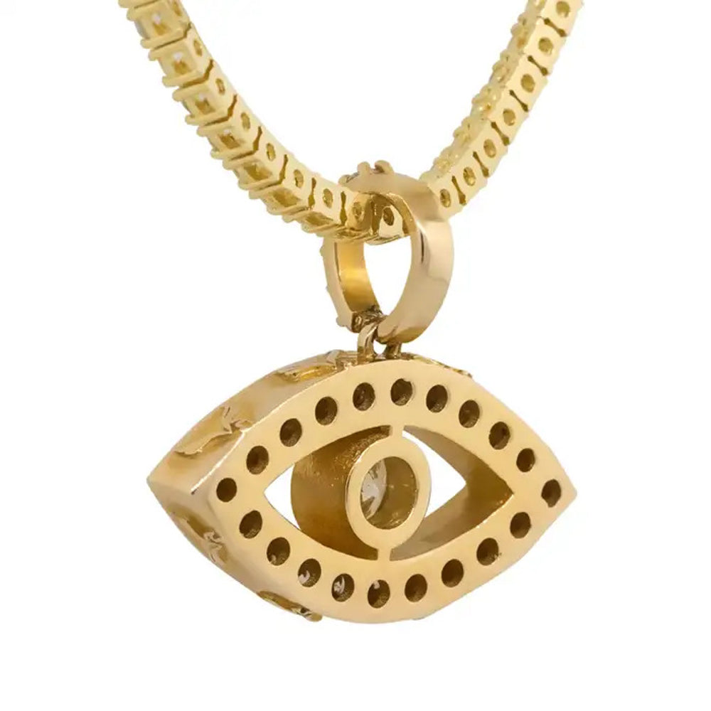 14k Yellow Gold 1.66ctw Evil Eye Diamond Charm Pendant on a 14k Yellow Gold 8.62 ctw Diamond 22" Tennis Chain Necklace
