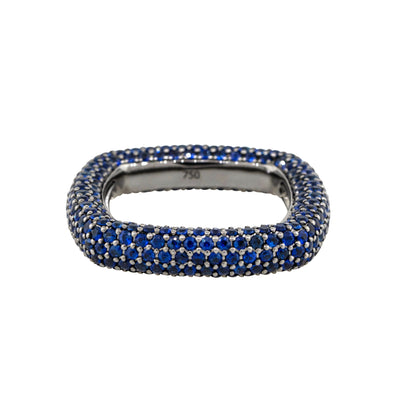 18k Black Gold 4.01ctw Natural Round Cut Blue Sapphire Pave Square Ring