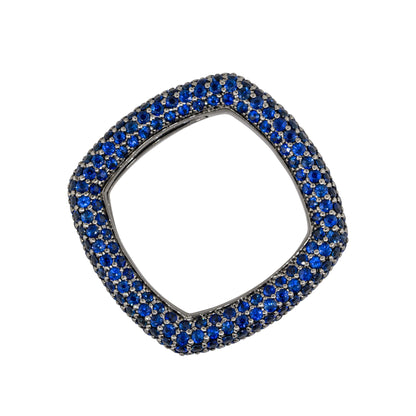 18k Black Gold 4.01ctw Natural Round Cut Blue Sapphire Pave Square Ring