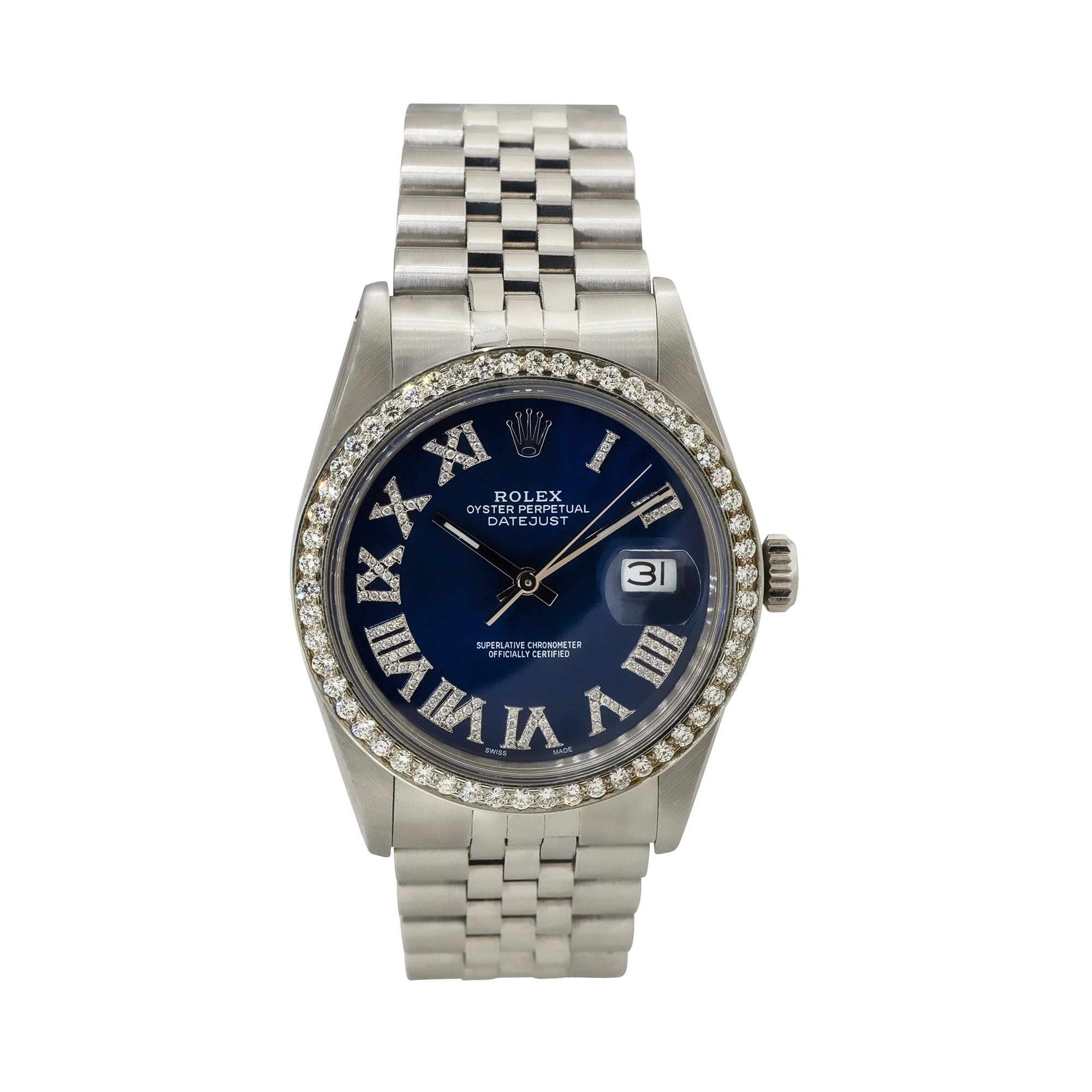 Rolex 16030 Datejust 36mm Stainless Steel Aftermarket Diamond Bezel and Blue Dial Watch