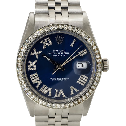 Rolex 16030 Datejust 36mm Stainless Steel Aftermarket Diamond Bezel and Blue Dial Watch