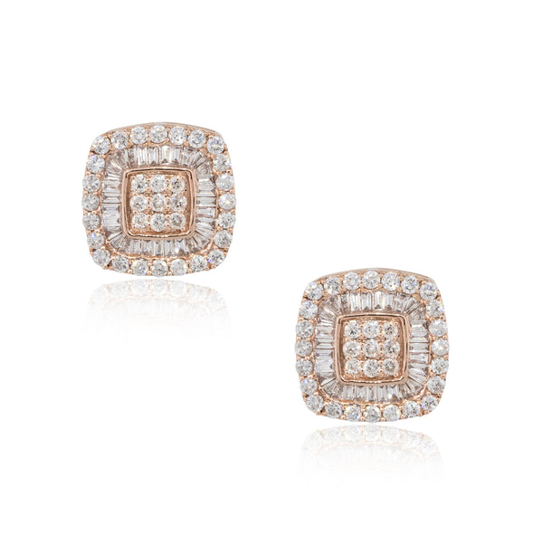 14k Rose Gold 1.06ctw Invisible Set Diamond Pave Stud Earrings