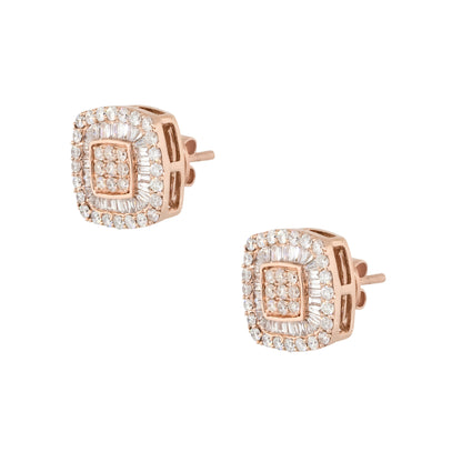 14k Rose Gold 1.06ctw Invisible Set Diamond Pave Stud Earrings