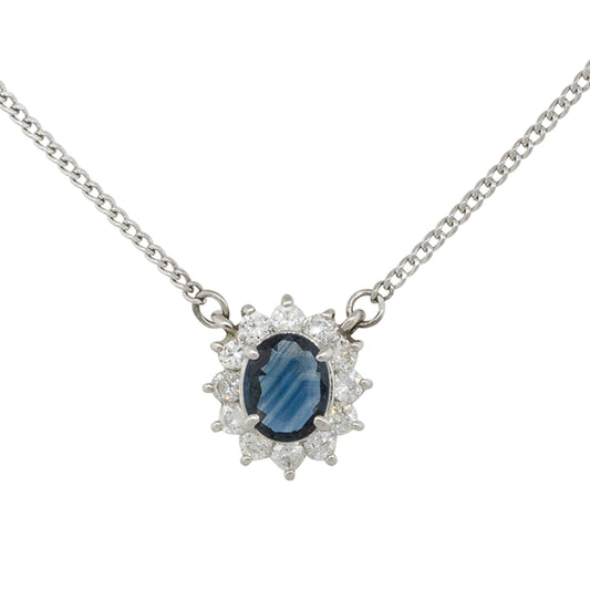Platinum 0.28ct Oval Sapphire Center Diamond Pendant Necklace