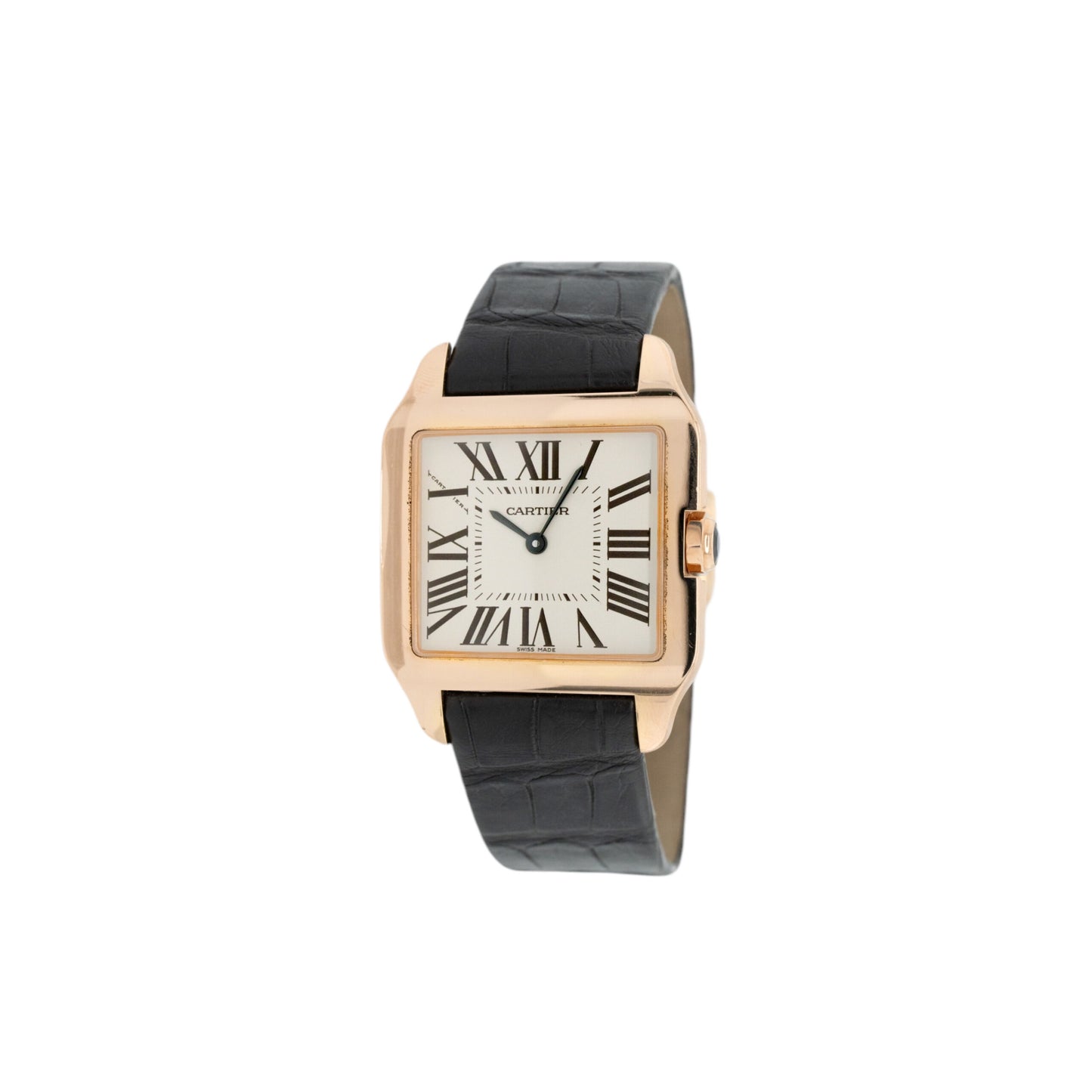 Cartier Santos Dumont 18k Rose Gold Quartz Roman Dial on Black Leather Band Watch