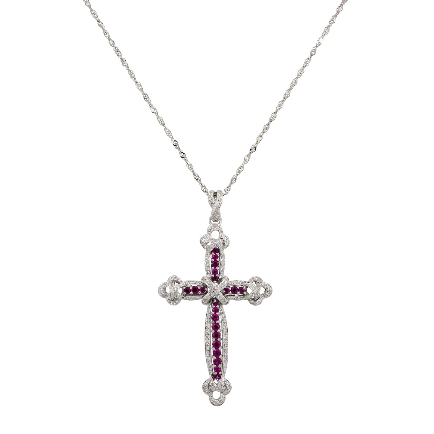 18k White Gold 0.99ct Ruby Diamond Pave Cross Pendant Necklace