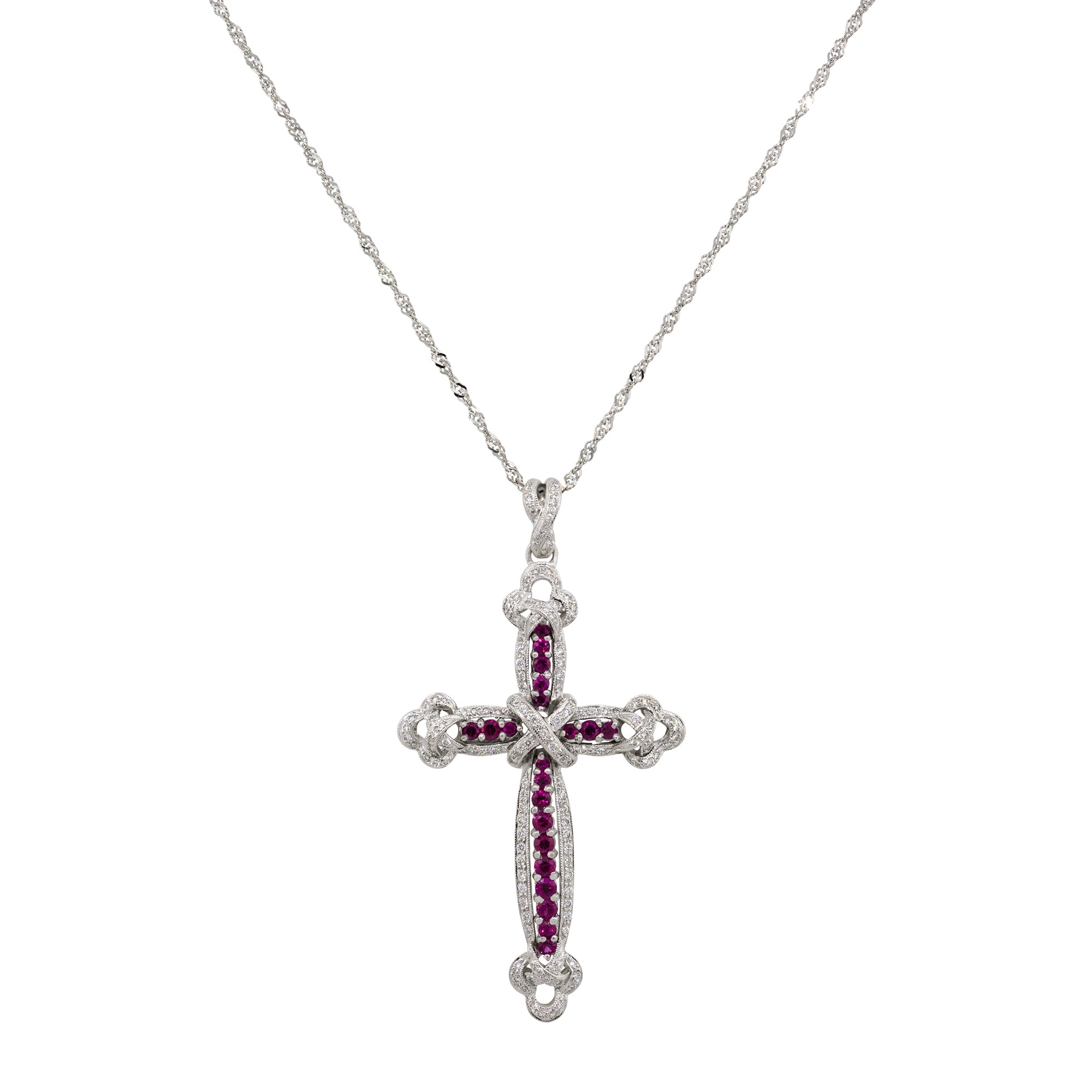 18k White Gold 0.99ct Ruby Diamond Pave Cross Pendant Necklace