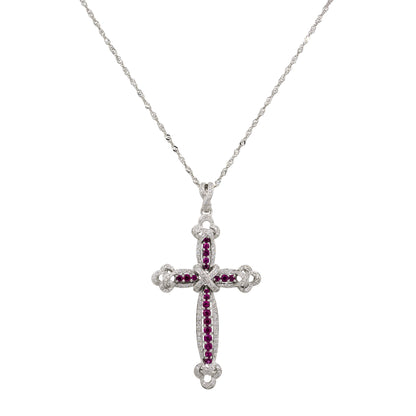 18k White Gold 0.99ct Ruby Diamond Pave Cross Pendant Necklace