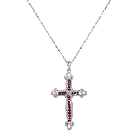 18k White Gold 0.99ct Ruby Diamond Pave Cross Pendant Necklace