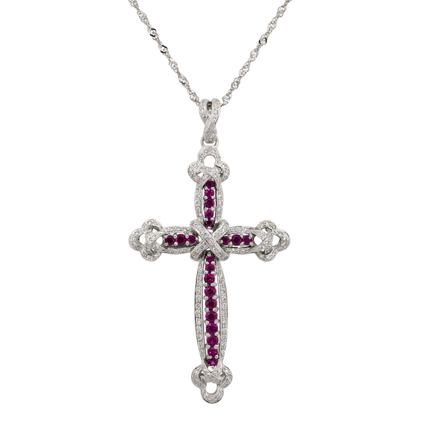 18k White Gold 0.99ct Ruby Diamond Pave Cross Pendant Necklace
