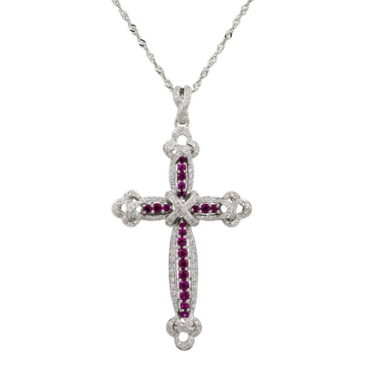 18k White Gold 0.99ct Ruby Diamond Pave Cross Pendant Necklace