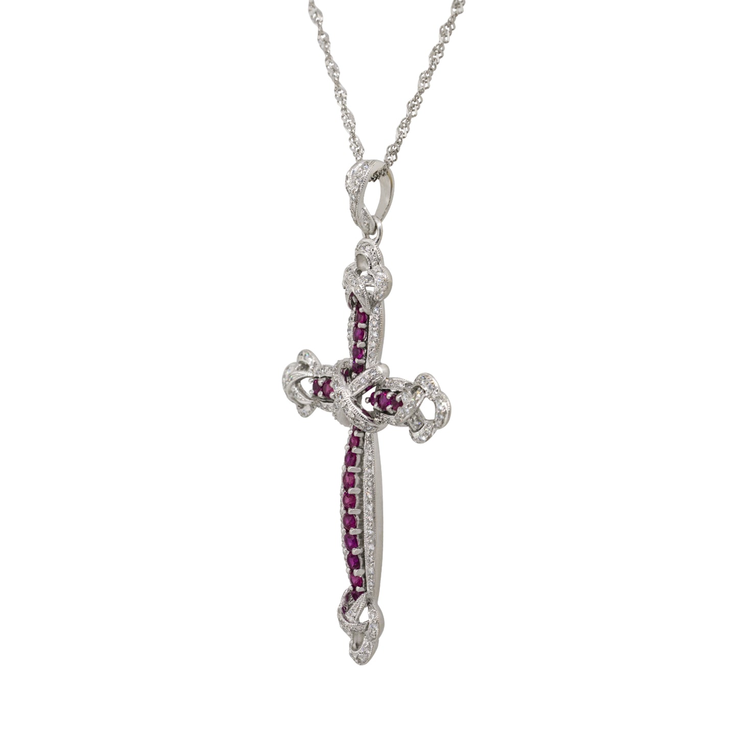 18k White Gold 0.99ct Ruby Diamond Pave Cross Pendant Necklace