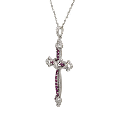 18k White Gold 0.99ct Ruby Diamond Pave Cross Pendant Necklace