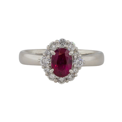 Platinum 1.12ct Oval Ruby Center Diamond Halo Ring