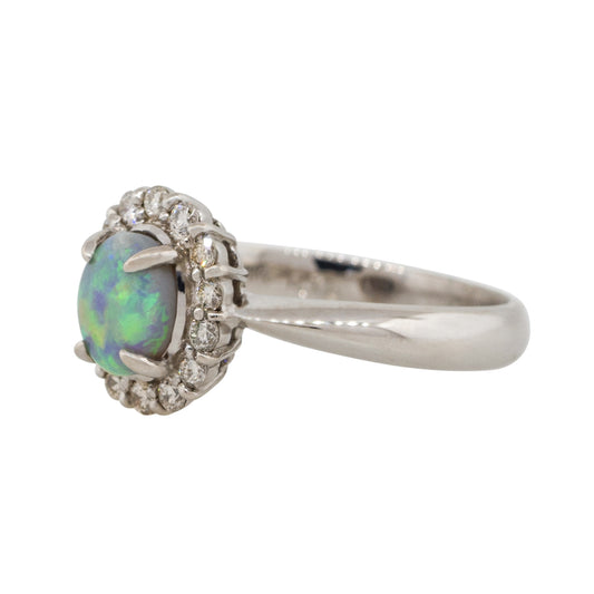 Platinum 0.76ct Oval Opal Diamond Halo Cocktail Ring
