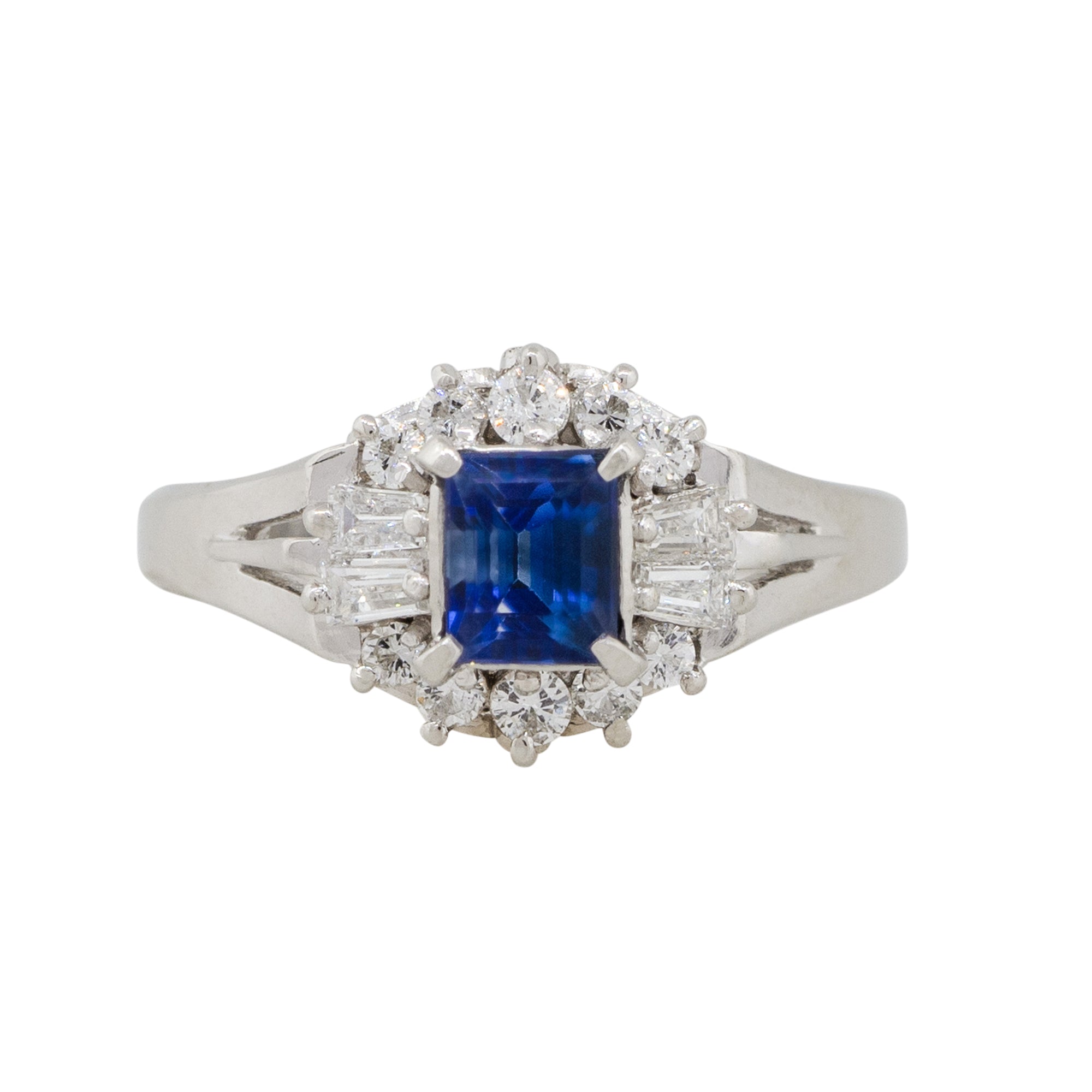 Platinum 0.72ct Square Shape Sapphire Center Diamond Cocktail Ring