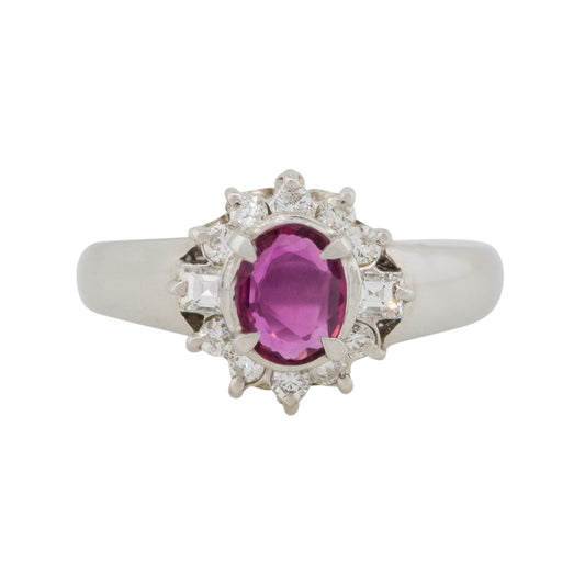 Platinum 0.41ct Oval Ruby Center Diamond Halo Cocktail Ring