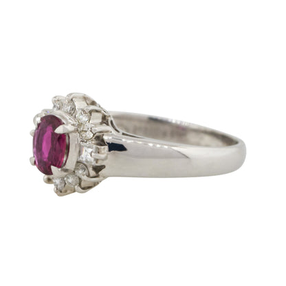 Platinum 0.41ct Oval Ruby Center Diamond Halo Cocktail Ring