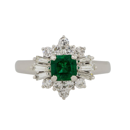 Platinum 0.43ct Square Shape Emerald Diamond Cocktail Ring