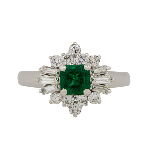 Platinum 0.43ct Square Shape Emerald Diamond Cocktail Ring