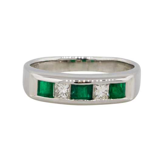 Platinum Alternating Diamond & Emerald Five Stone Band