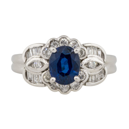Platinum 1.25ct Oval Sapphire Center 0.47ctw Diamond Cocktail Scalloped Ring