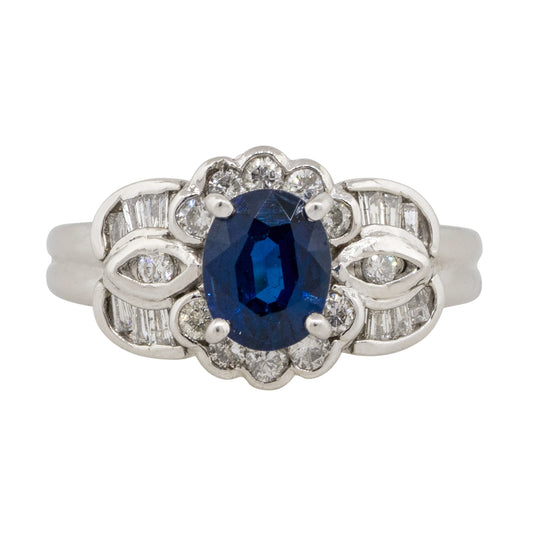 Platinum 1.25ct Oval Sapphire Center 0.47ctw Diamond Cocktail Scalloped Ring
