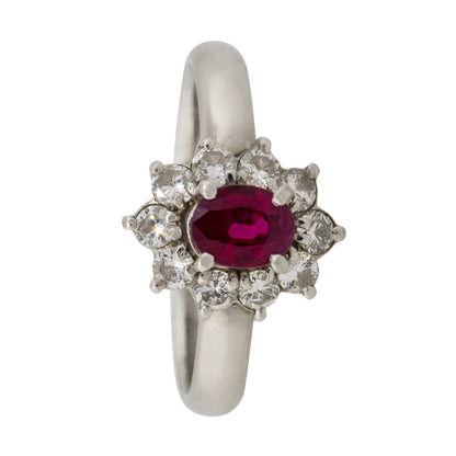 Platinum 0.38ct Oval Ruby Diamond Halo Flower Ring