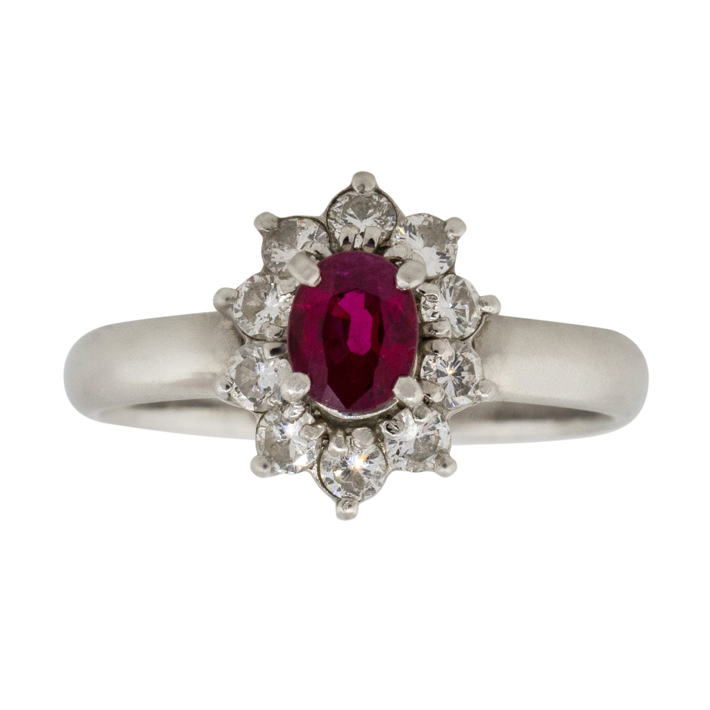 Platinum 0.38ct Oval Ruby Diamond Halo Flower Ring