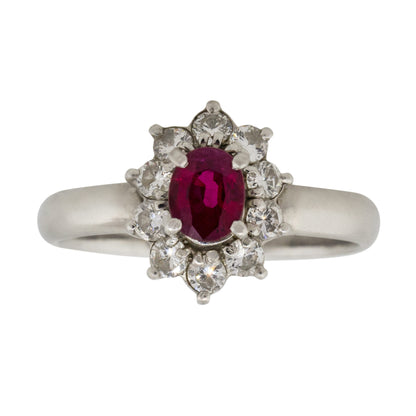 Platinum 0.38ct Oval Ruby Diamond Halo Flower Ring