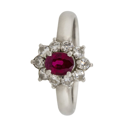 Platinum 0.38ct Oval Ruby Diamond Halo Flower Ring