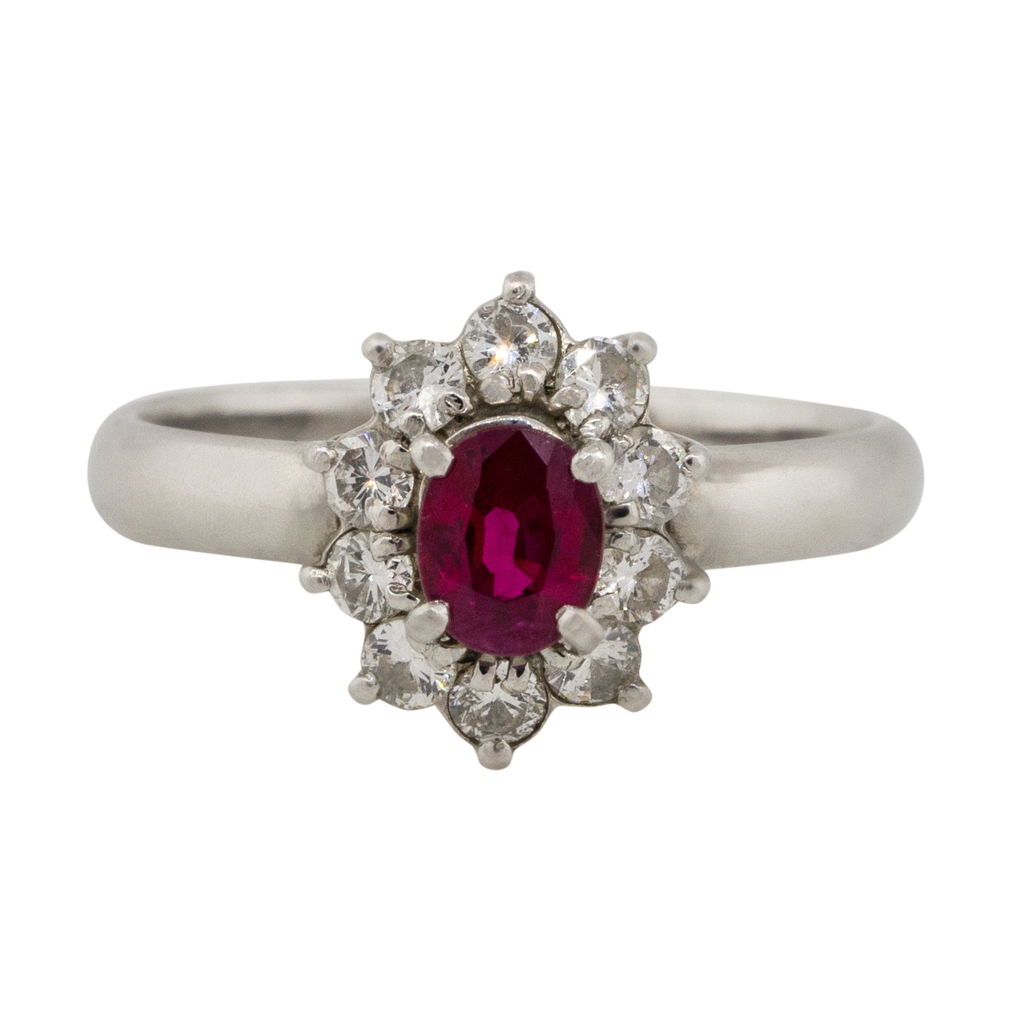 Platinum 0.38ct Oval Ruby Diamond Halo Flower Ring
