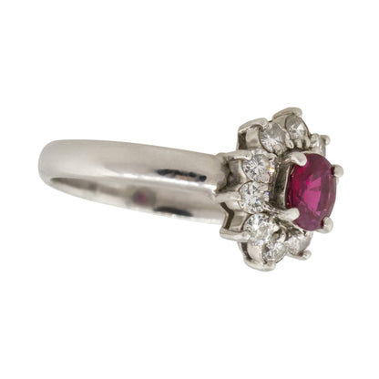 Platinum 0.38ct Oval Ruby Diamond Halo Flower Ring