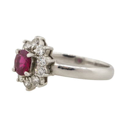 Platinum 0.38ct Oval Ruby Diamond Halo Flower Ring