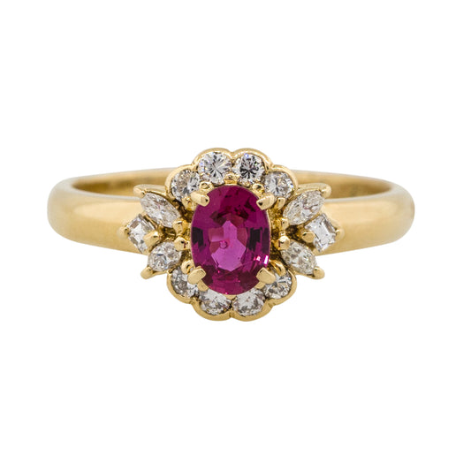 18k Yellow Gold 0.45ct Oval Ruby Center Diamond Scalloped Ring