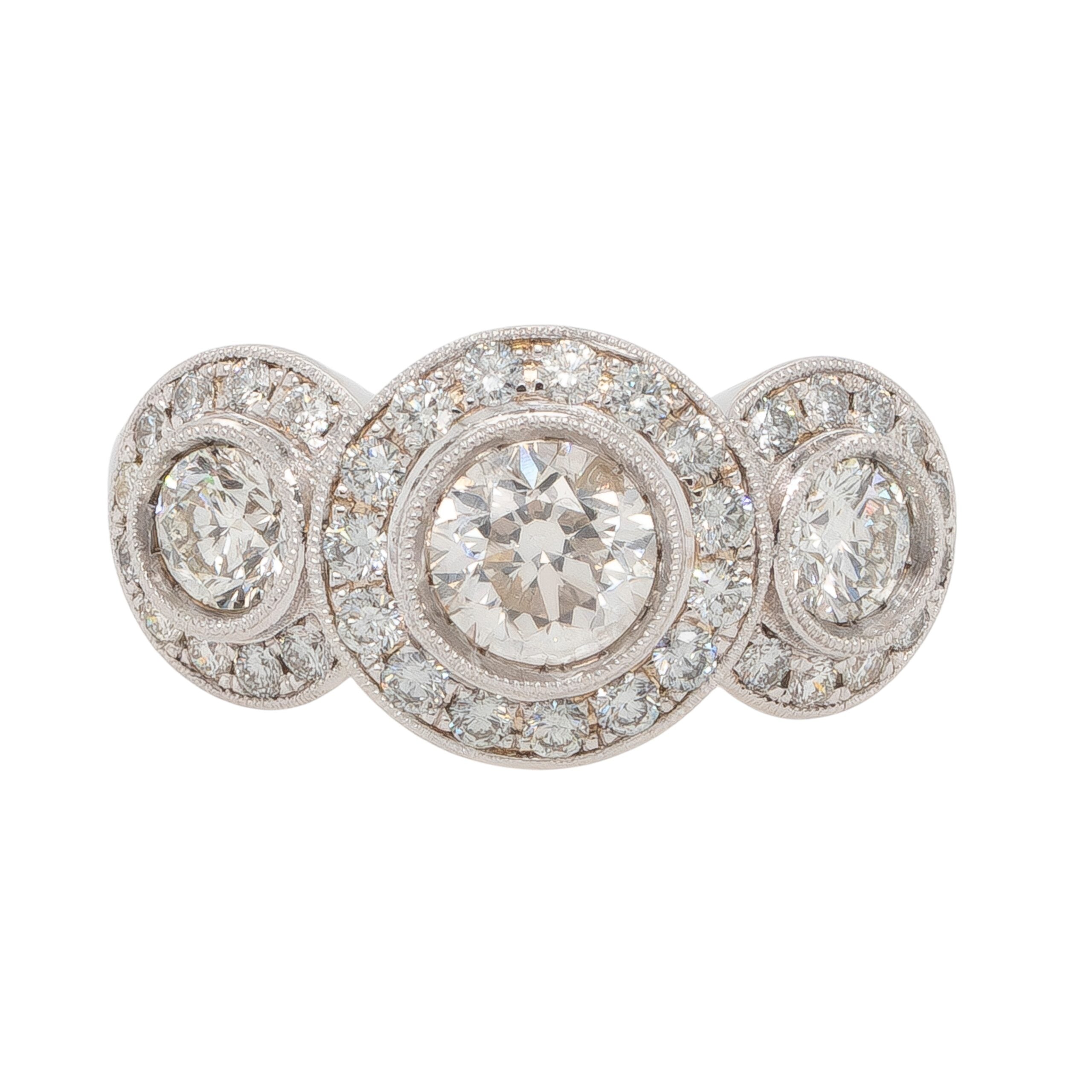 18k White Gold 1.9ctw Three-Stone Diamond Halo Ring