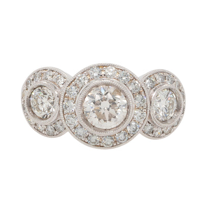 18k White Gold 1.9ctw Three-Stone Diamond Halo Ring