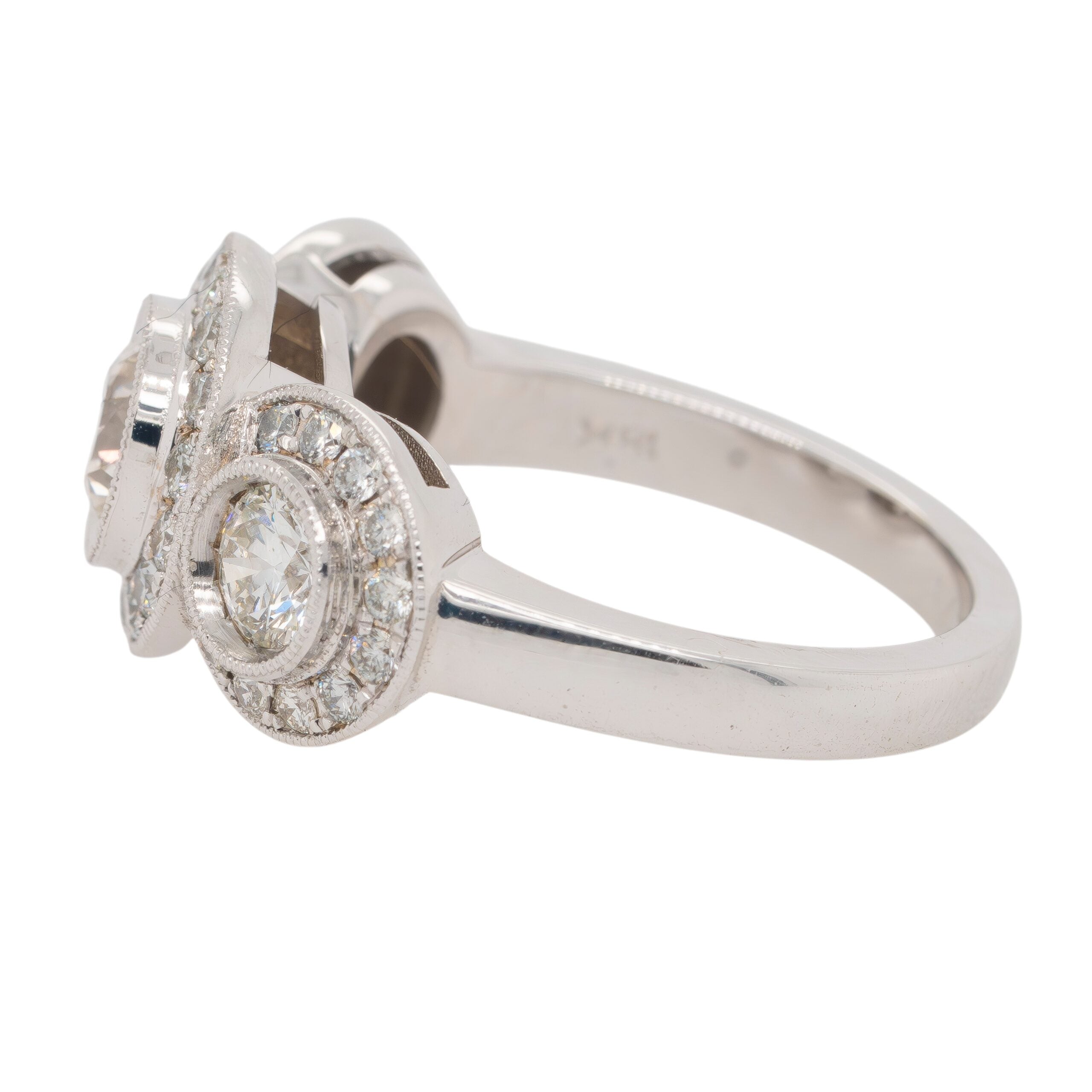 18k White Gold 1.9ctw Three-Stone Diamond Halo Ring