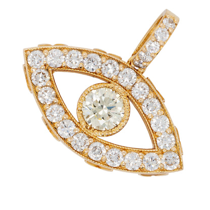 14k Yellow Gold 1.66ctw Evil Eye Diamond Charm Pendant on a 14k Yellow Gold 8.62 ctw Diamond 22" Tennis Chain Necklace