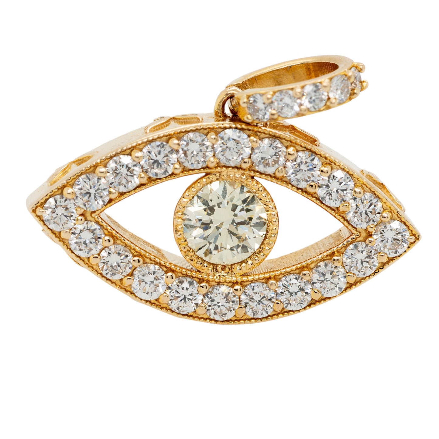 14k Yellow Gold 1.66ctw Evil Eye Diamond Charm Pendant on a 14k Yellow Gold 8.62 ctw Diamond 22" Tennis Chain Necklace