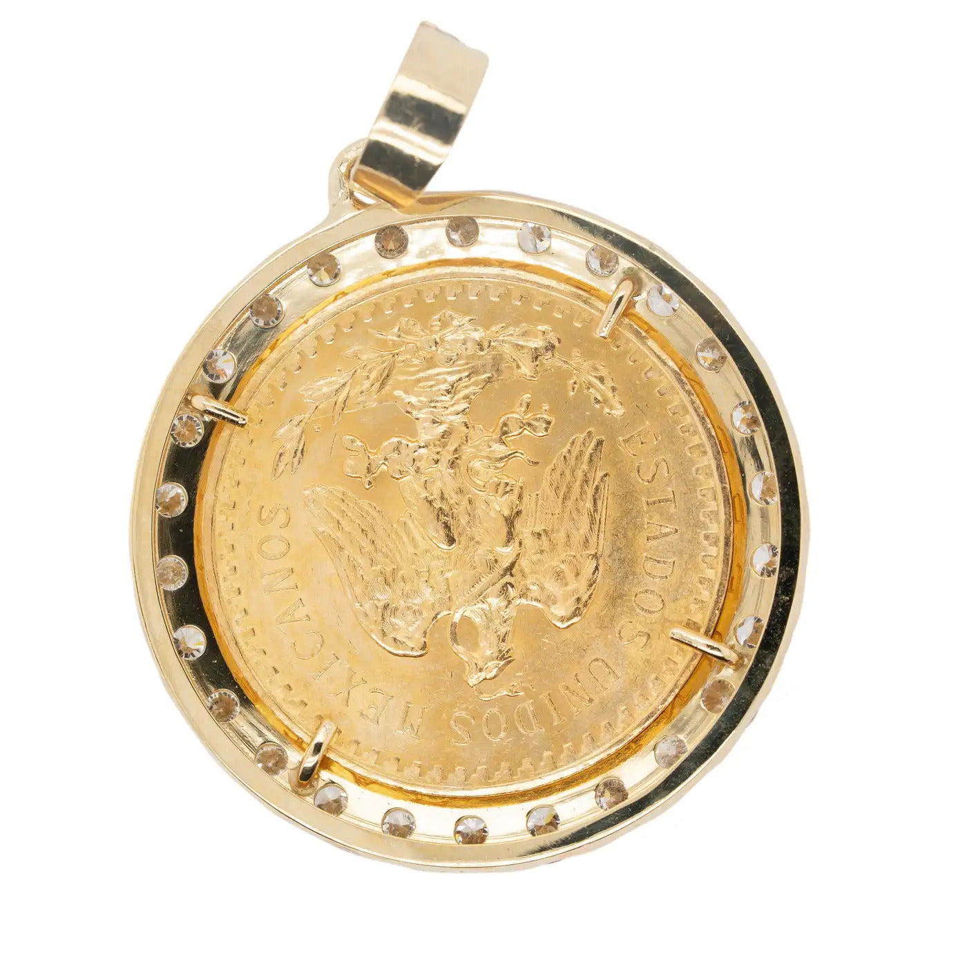 18k Yellow Gold Diamond Bezel Pendant with 1922 50 Peso 24k Gold Coin on a 14k Yellow Gold Tennis Necklace