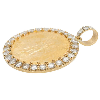 18k Yellow Gold Diamond Bezel Pendant with 1922 50 Peso 24k Gold Coin on a 14k Yellow Gold Tennis Necklace