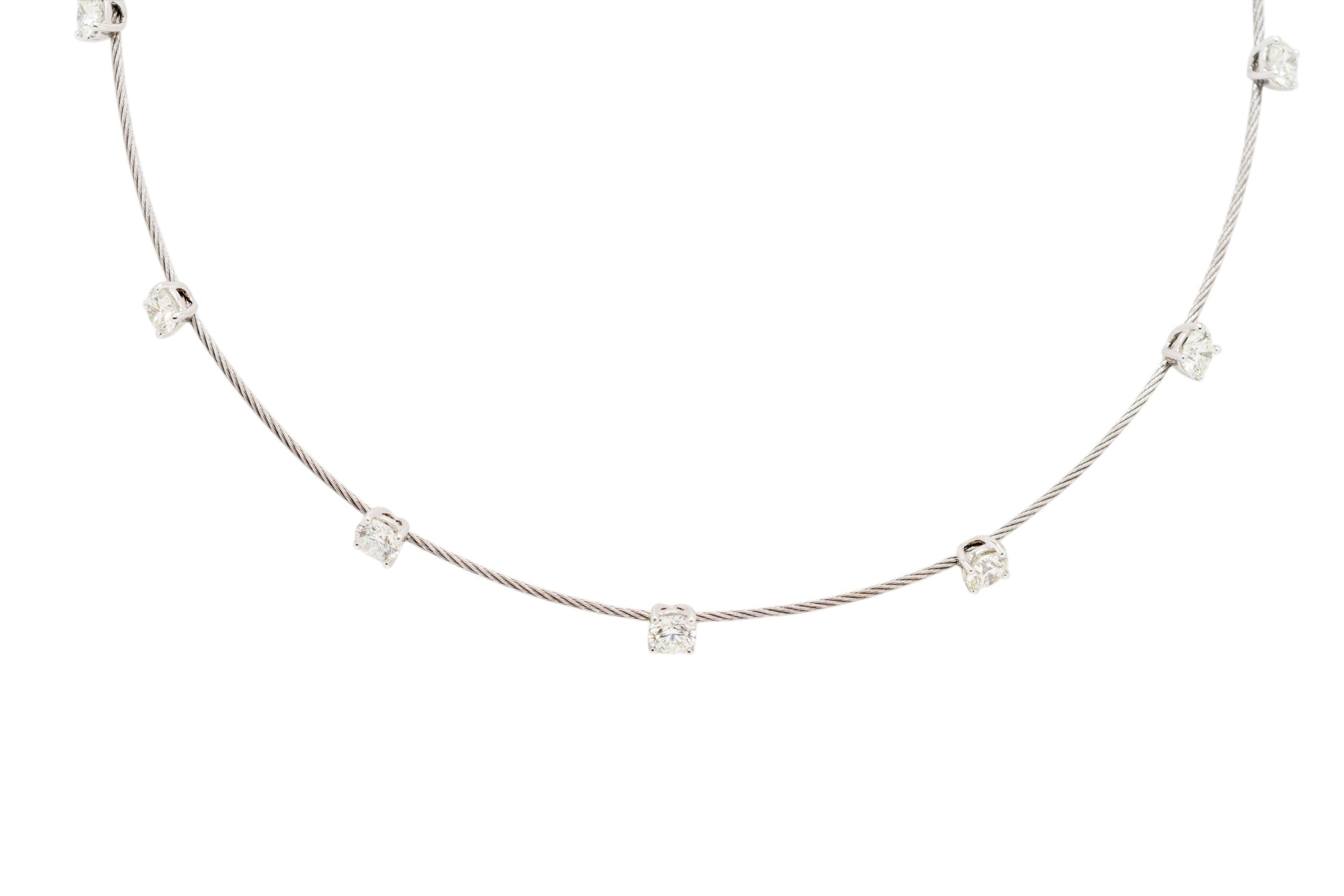 14k White Gold and Stainless Steel Cable 7-Stone Diamond Choker Necklace