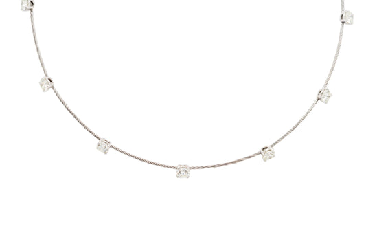 14k White Gold and Stainless Steel Cable 7-Stone Diamond Choker Necklace