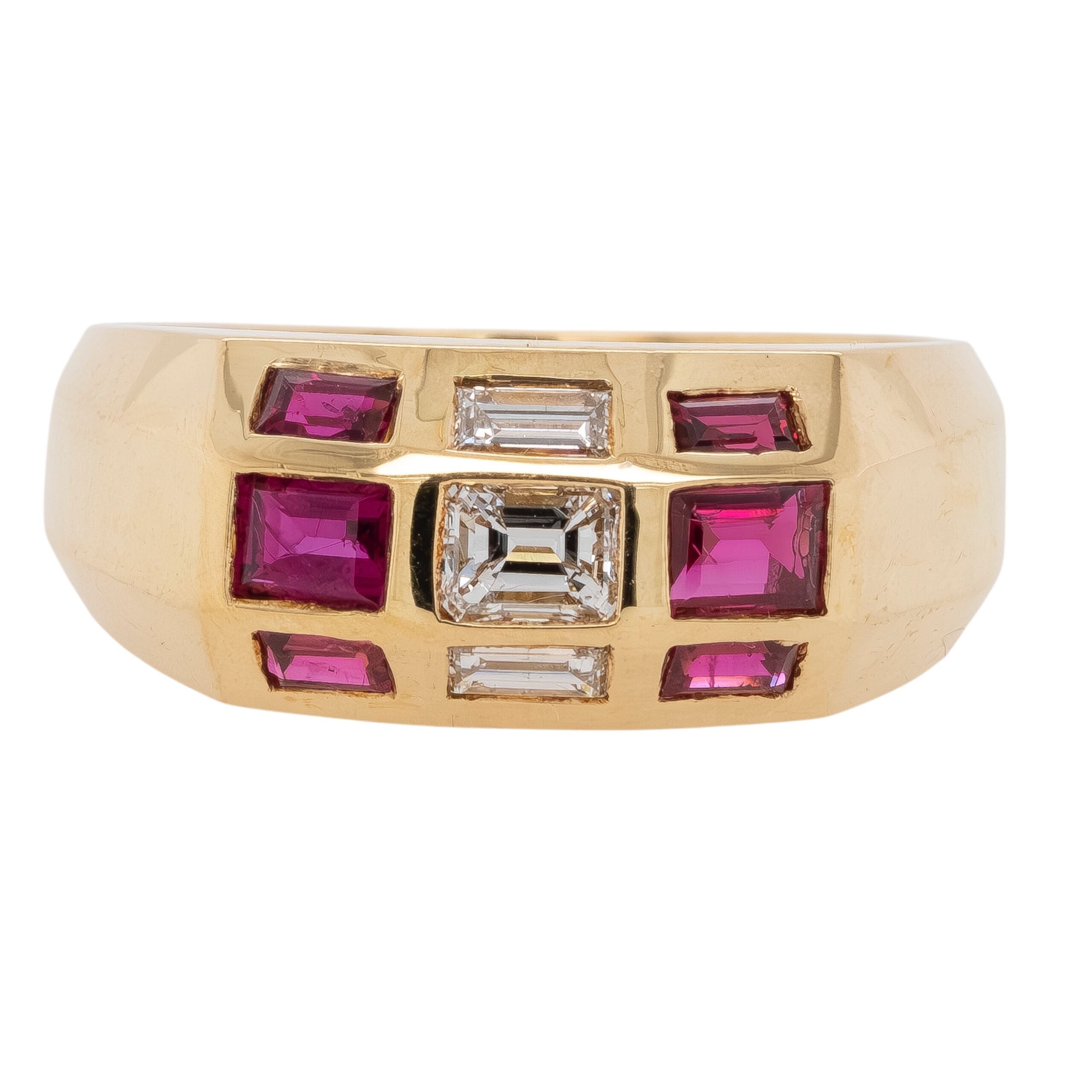 18k Yellow Gold Ruby and Baguette Diamond Men's Ring