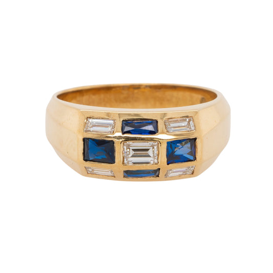18k Yellow Gold Blue Sapphire and Baguette Diamond Men's Ring
