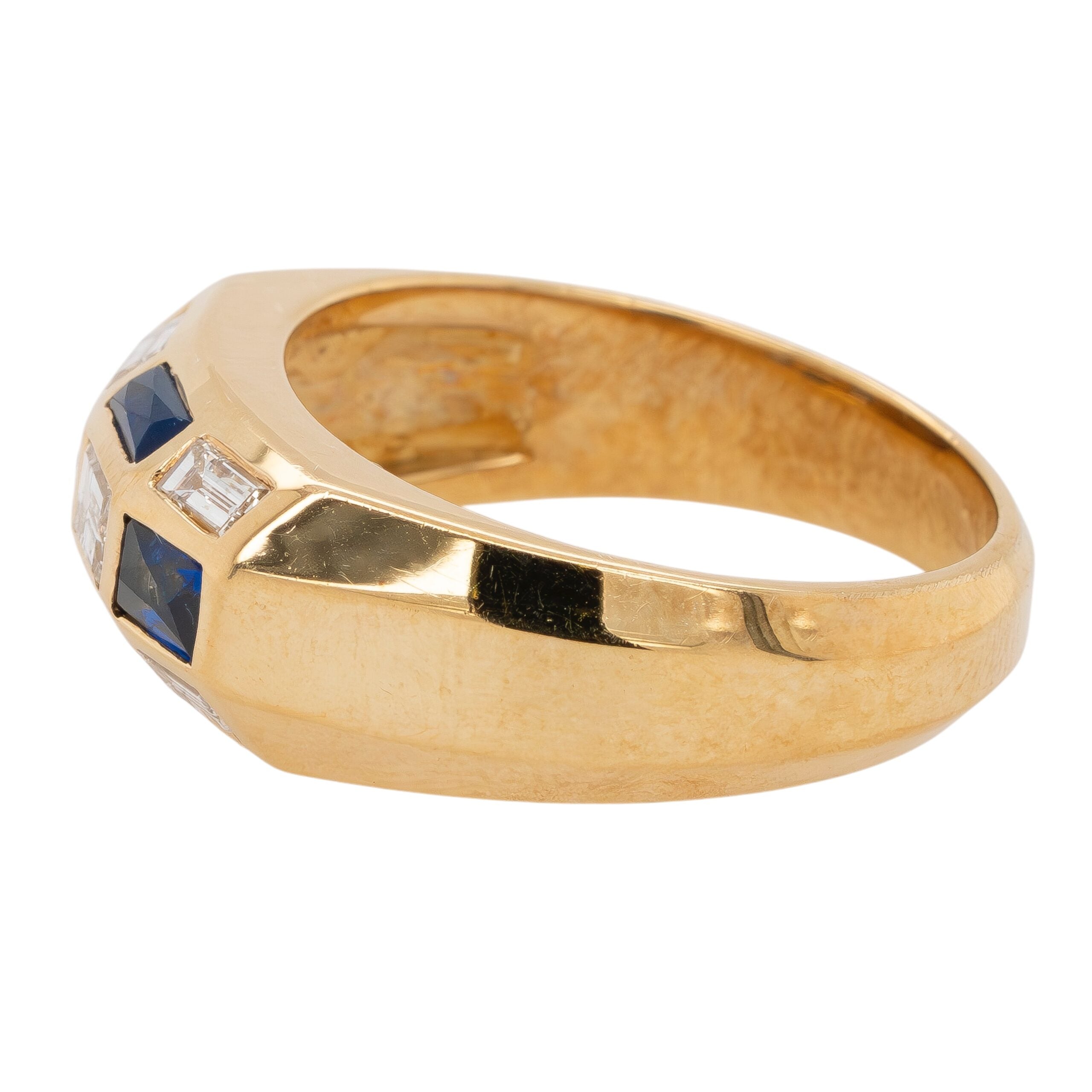 18k Yellow Gold Blue Sapphire and Baguette Diamond Men's Ring