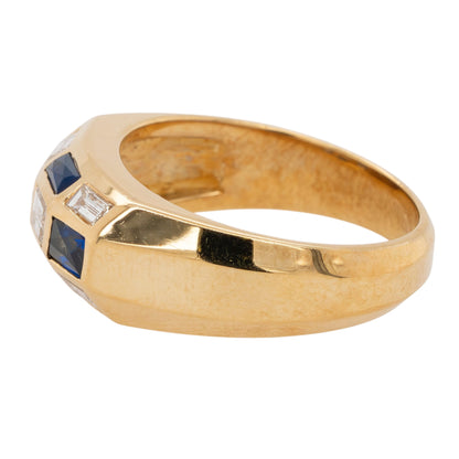 18k Yellow Gold Blue Sapphire and Baguette Diamond Men's Ring