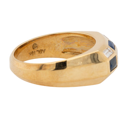 18k Yellow Gold Blue Sapphire and Baguette Diamond Men's Ring